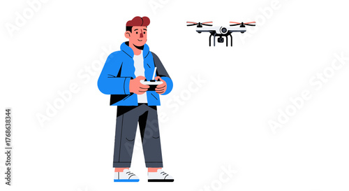 Man Operating Drone Controller Illustration Against Black Background Concept