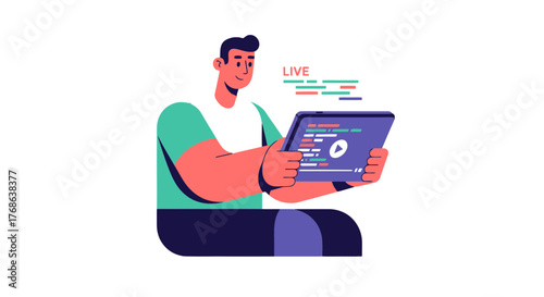 Man Streams Live Video Content Using Tablet Device Over Dark Background