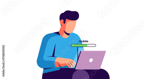 Man Updating Software On Laptop With Progress Bar Against Black Background Illustration