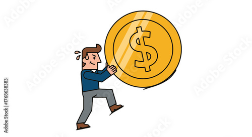 Man Struggling To Climb With Giant Dollar Coin On Black Background Illustration