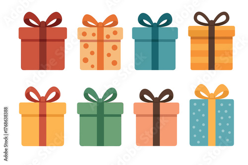 A collection of eight colorful gift boxes with ribbons, featuring various patterns such as polka dots and stripes, arranged in two rows.