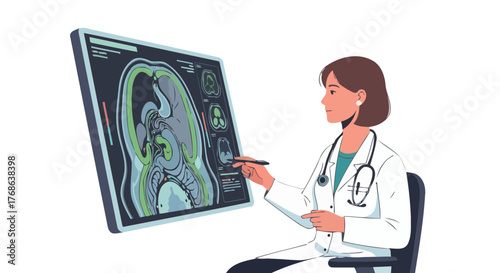 Medical Professional Examining Scan Illustration: Healthcare, Radiology, and Diagnosis Concept