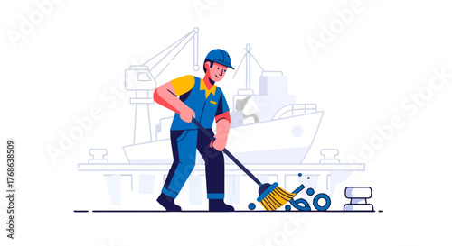 Maritime Worker Cleans Deck Near a Ship, Graphic Illustration on Black Background