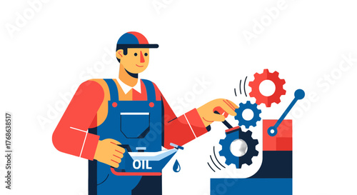 Mechanic Lubricating Gears in a Machine with Oil Against a Black Background