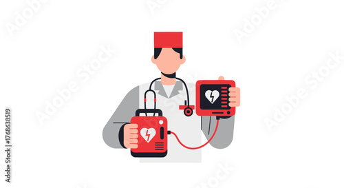 Medical Professional Holding Defibrillator and Monitoring Device on Black Background