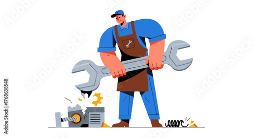Mechanic With Huge Wrench Repairing Broken Machine Against a Black Backdrop Illustration
