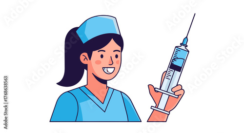 Medical Professional Illustration Holding A Syringe For Vaccination Or Injection, Black Background