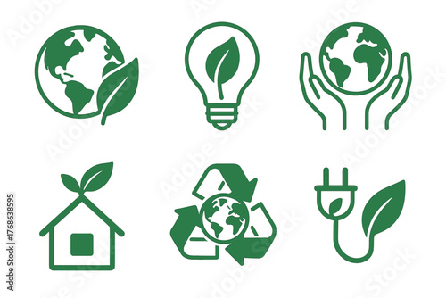 Green eco-friendly icons depicting environmental themes like a world globe with a leaf, a light bulb with a leaf, and hands cradling the earth.