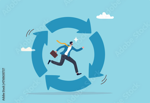 Working habit, life cycle or daily routine behavior, agile development, discipline or working efficiency, procedure or process to success concept, businessman running on habit circle arrow diagram.