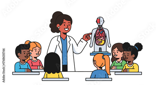 Medical Educator Teaching Young Students About Human Anatomy In The Classroom