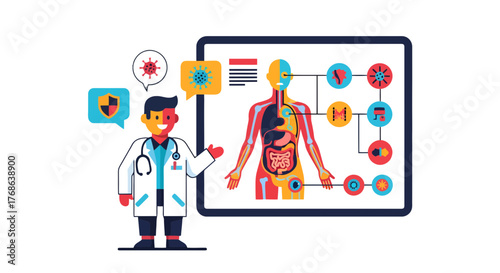 Medical Illustration Featuring A Doctor, Human Anatomy, And A Depiction Of Viral Threats