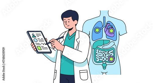 Medical Illustration Featuring Doctor Examining Anatomy Chart for Healthcare Analysis