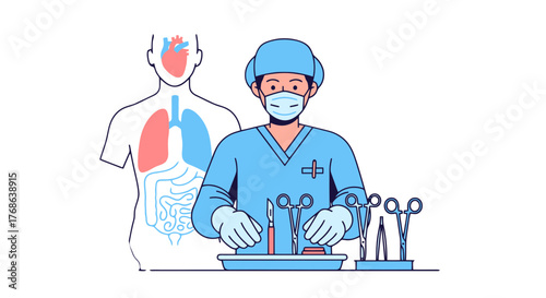 Medical Illustration Of A Surgeon And Human Anatomy On A Black Background