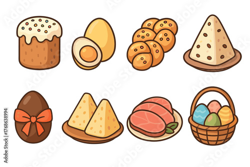 Colorful set of easter-themed food icons including a cake, chocolate egg with a bow, bread rolls, sliced meats, cheese, and a basket of painted eggs.