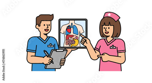 Medical Professionals Analyzing Human Anatomy Depicted On A Digital Tablet For Study