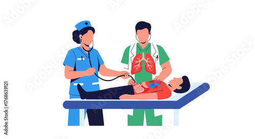 Medical Professionals At Work: Checking Vital Signs And Respiratory System Analysis