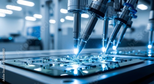 Close-up of Precision Robotic Arms Working on a Printed Circuit Board (PCB) Under Bright Blue Industrial Lighting