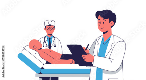 Medical Professionals Perform Examination of a Patient Lying on a Bed in a Clinic