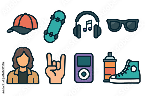 Colorful vector icons depicting skateboard culture items including a cap, skateboard, headphones, sunglasses, person, hand gesture, music player, spray paint, and sneaker.