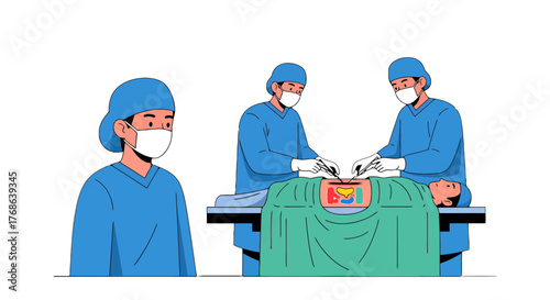 Medical Professionals Performing Surgical Procedures in Modern Medical Illustration