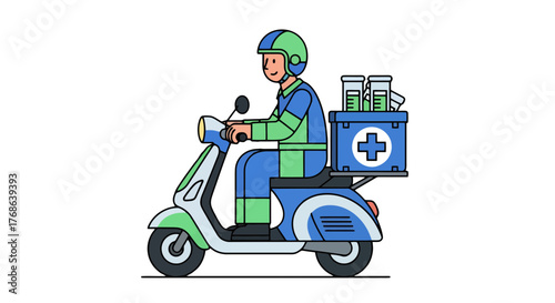 Medical Supplies Delivery: Scooter Courier Transporting Pharmaceuticals and Providing Healthcare Aid