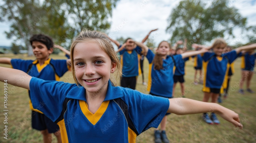 Fototapeta premium Children Stretching in Bright Uniforms Before School Sports Event