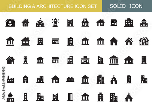Building and Architecture Icon Set | House, Home, Office, Bank, Factory, Skyscraper, Church, Shop, Real Estate Icons Collection