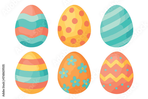 Colorful easter eggs with various patterns including stripes, polka dots, and floral designs arranged in two rows.