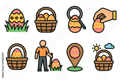 Colorful icons depicting an easter egg hunt, featuring baskets with eggs, a hand holding an egg, a person with an egg, and a location marker.