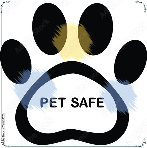 Vector graphic of a paw print with the words pet safe in a decorative modern style expressing the safety and care for animals and pets