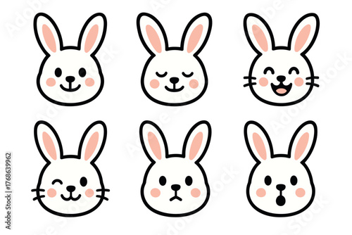 Cute cartoon rabbit faces showing six different expressions, including happy, surprised, and calm, with simple lines and pink cheeks.