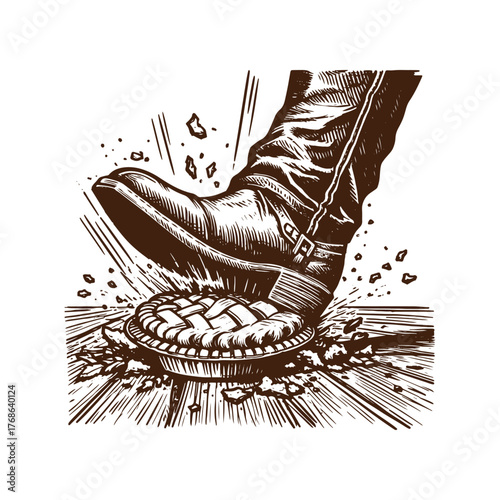 Boot Stomping a Pie – Black and White Ink Illustration