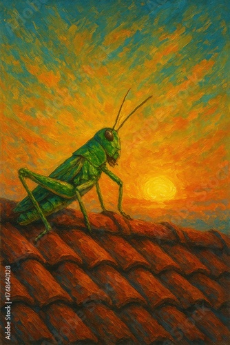 Green grasshopper resting on rooftop beneath a fiery glowing sunset sky