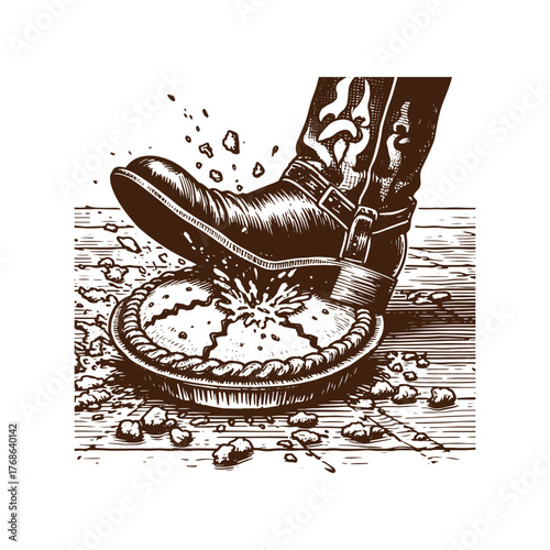 Boot Stomping a Pie – Black and White Ink Illustration