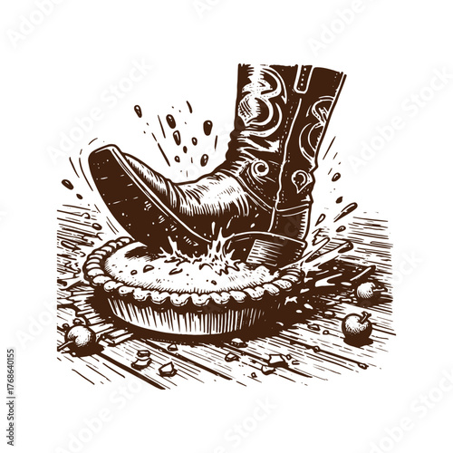Boot Stomping a Pie – Black and White Ink Illustration