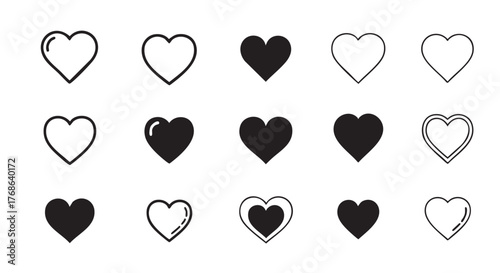 Collection of heart icons in various styles on white background