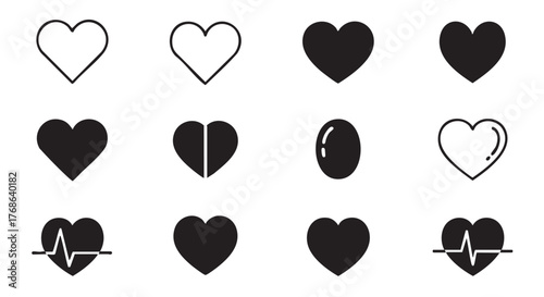 Collection of heart shape symbols in various styles and designs