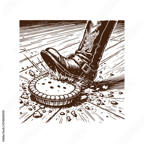 Boot Stomping a Pie – Black and White Ink Illustration