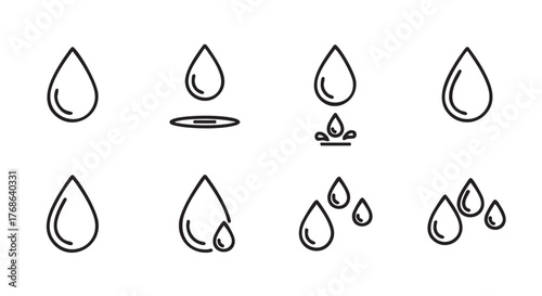 Collection of Simple Water Drop Icons Symbolizing Cleanliness and Hydration