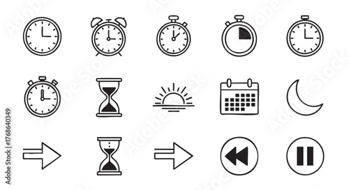 Collection of time related line icons on a white background