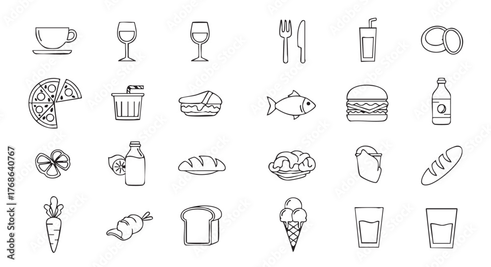 Fototapeta premium Doodle Food and Drink Icons Black Outline Illustration on White Paper