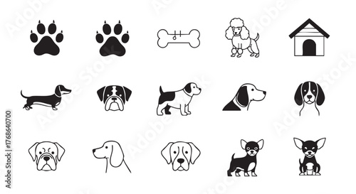 Dog Breeds and Paw Prints Vector Illustration Set Collection Black
