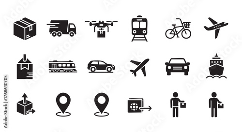 Diverse transportation and delivery methods depicted in minimalist black icons
