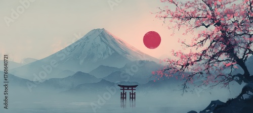 Japanese Flag Over Mount Fuji at Sunrise with Cherry Blossoms