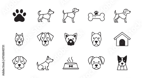 Dog Icons Collection Minimalist Style Various Dog Breeds and Paw Print