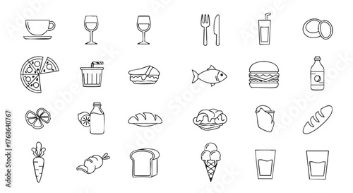 Doodle Food and Drink Icons Black Outline Illustration on White Paper