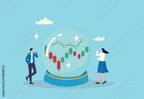 Forecast or prediction, investment opportunity, fortune teller to see stock market or economic direction, trend or business vision concept, business people look at magic sphere future market chart.