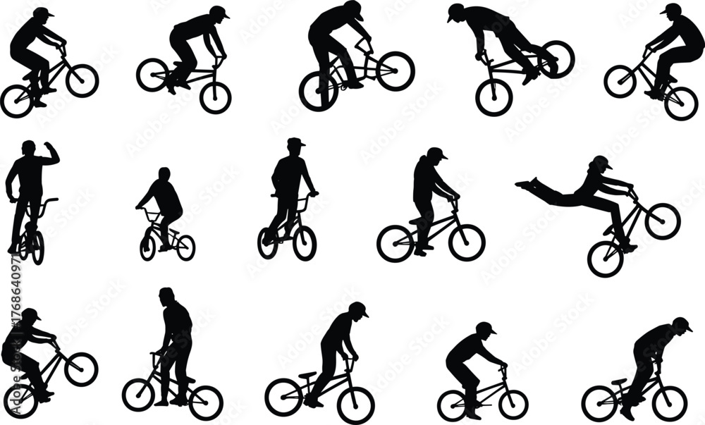 Fototapeta premium BMX rider silhouette, extreme sport action, freestyle bike tricks, urban cycling stunts, flat vector illustration, dynamic pose collection, black icons