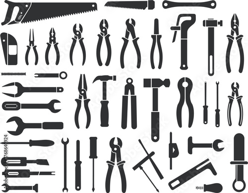 Hand tools silhouette collection, carpentry equipment, plumbing tools, black icons, vector illustration, maintenance gear, workshop essentials, DIY toolkit,