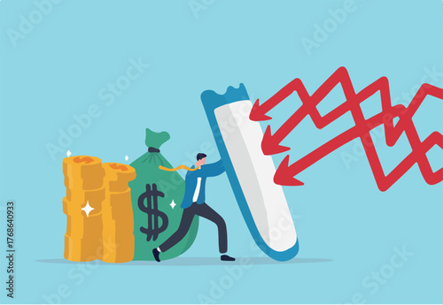 Financial security, money loss or wealth protection, defense from cyber attack or economic recession concept, strong businessman holding shield to protect from red arrow attacking financial security.